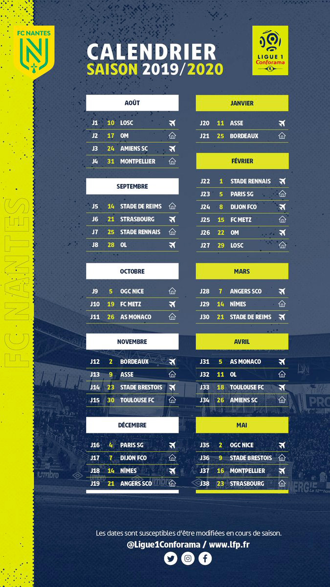 FC Nantes Ligue 1 Conforama Le calendrier 20192020 dévoilé