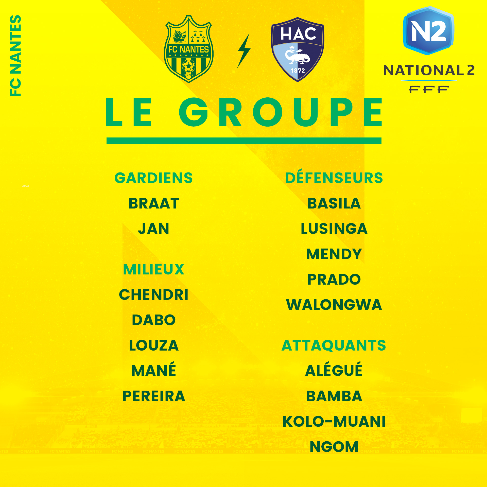 FC Nantes J6 National 2 Le groupe pour FCN / Havre AC (18h)