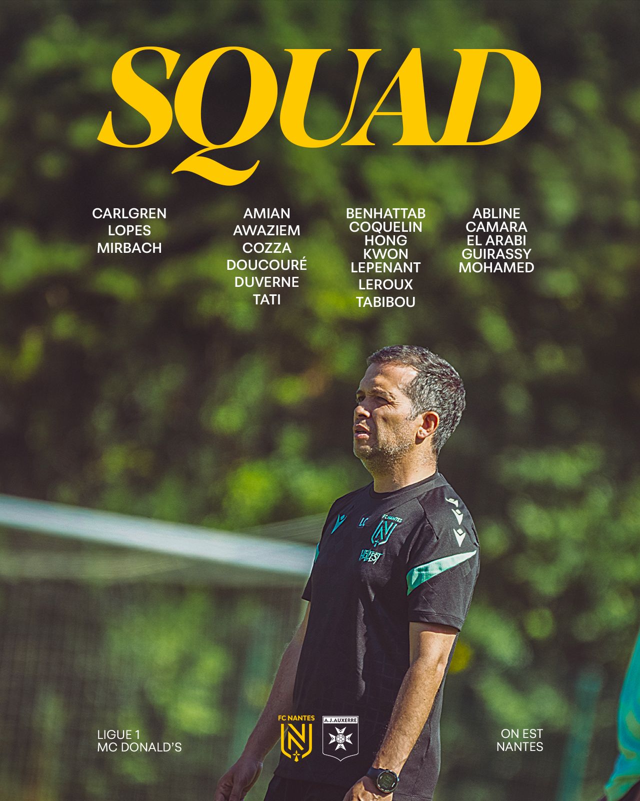 Le groupe pour FCN - AJA : Carlgren, Lopes, Mirbach - Amian, Awaziem, Cozza, Doucouré, Duverne, Tati - Benhattab, Coquelin, Hong, Kwon, Lepenant, Leroux, Tabibou - Abline, Camara, El Arabi, Guirassy, Mohamed