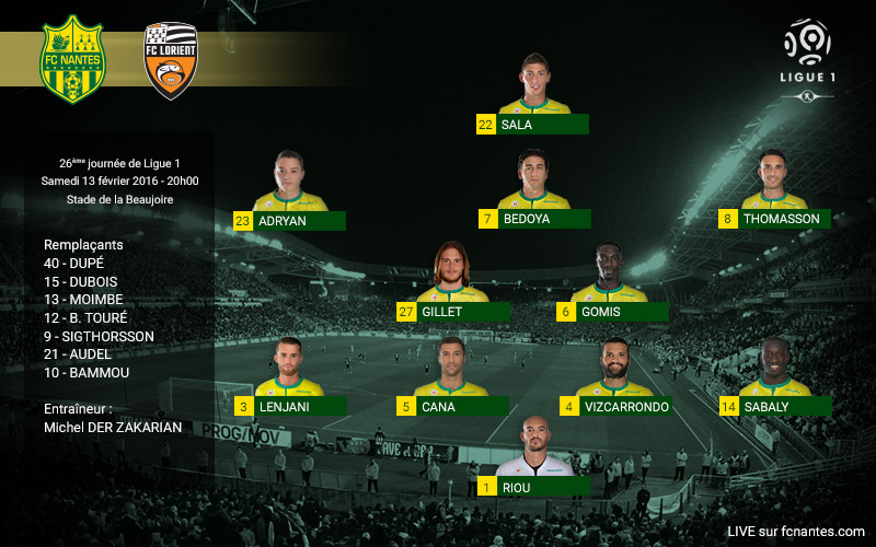 la composition nantaise au coup d'envoi de FC Nantes - FC Lorient